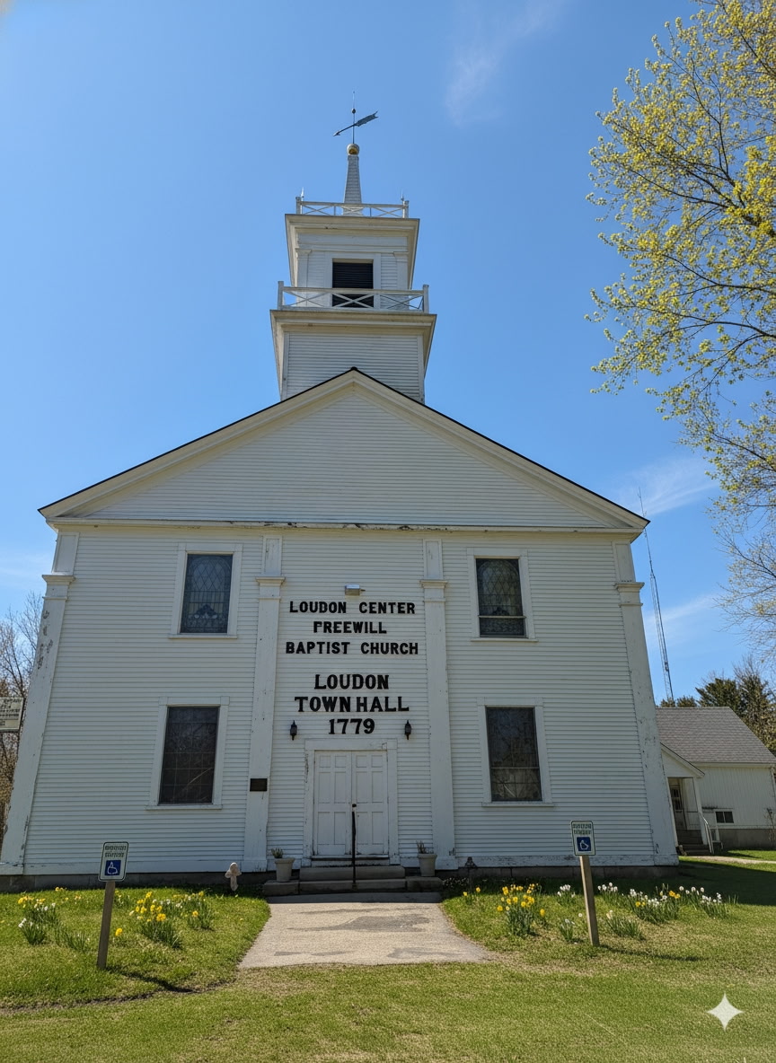 Front view of Loudon Center Freewill Baptist Church and Loudon Town Hall, a tall white wooden church building with a multi-tiered steeple against a bright blue sky, seen from ground level with a walkway and green lawn with flowers in the foreground.